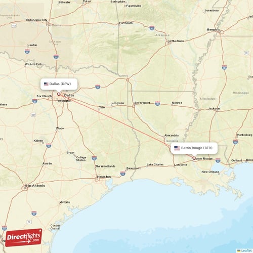 Baton Rouge - Dallas direct flight map