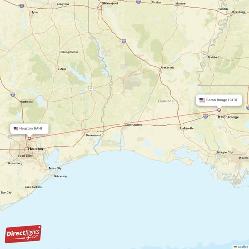 Baton Rouge - Houston direct flight map