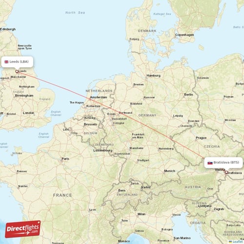 Bratislava - Leeds direct flight map