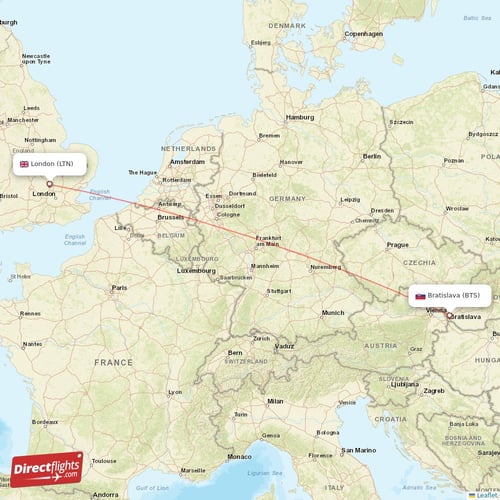 Bratislava - London direct flight map