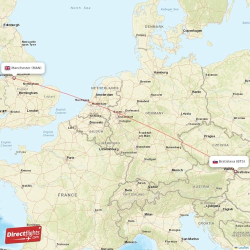 Bratislava - Manchester direct flight map