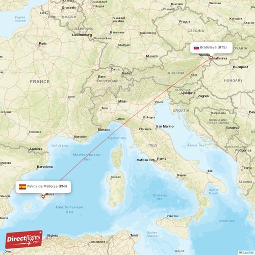 Bratislava - Palma de Mallorca direct flight map