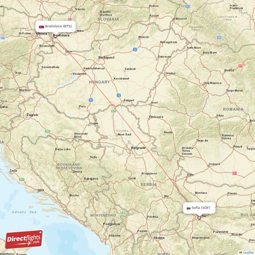 Bratislava - Sofia direct flight map