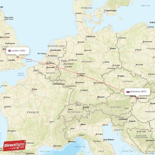 Bratislava - London direct flight map
