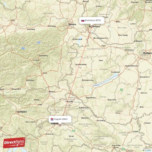 Bratislava - Zagreb direct flight map