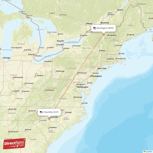 Burlington - Charlotte direct flight map