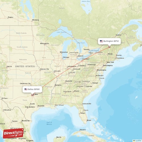 Burlington - Dallas direct flight map