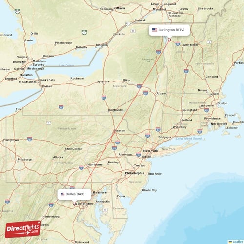 Burlington - Dulles direct flight map