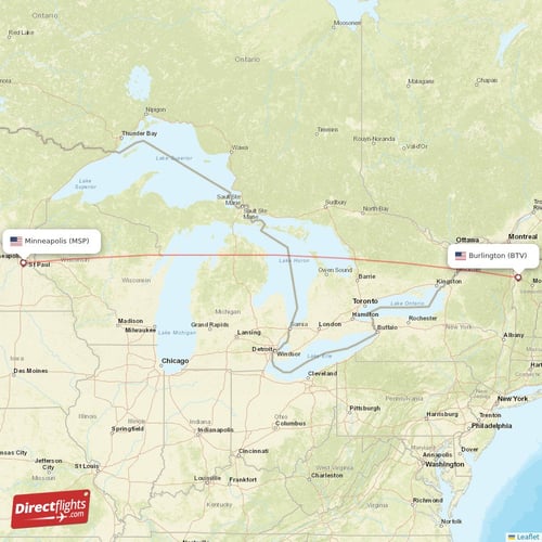 Burlington - Minneapolis direct flight map