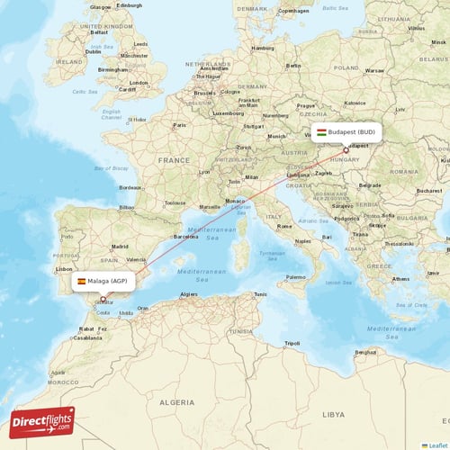 Budapest - Malaga direct flight map