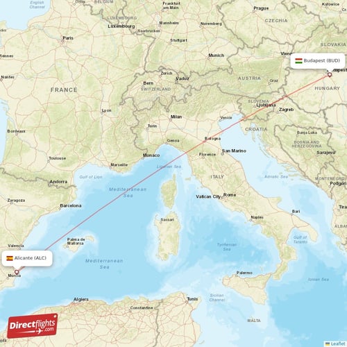Budapest - Alicante direct flight map