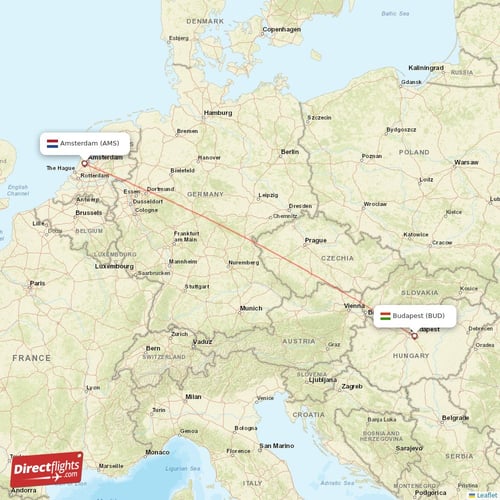 Budapest - Amsterdam direct flight map