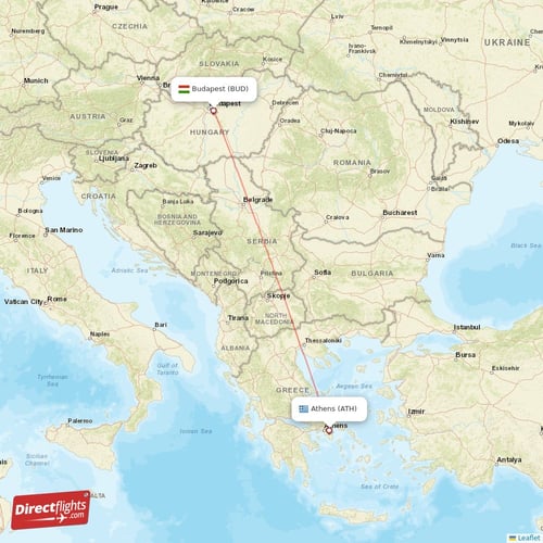 Budapest - Athens direct flight map