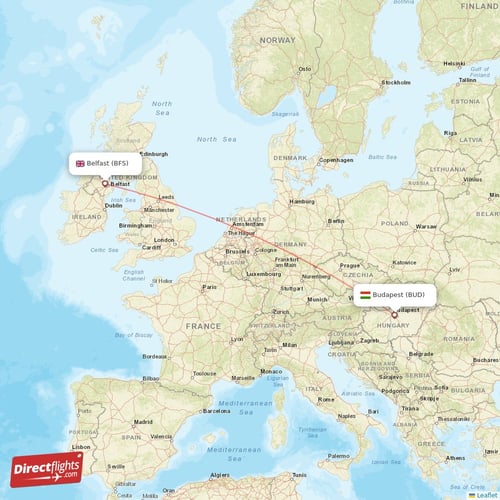 Budapest - Belfast direct flight map