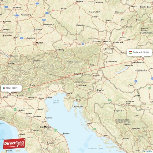 Budapest - Milan direct flight map