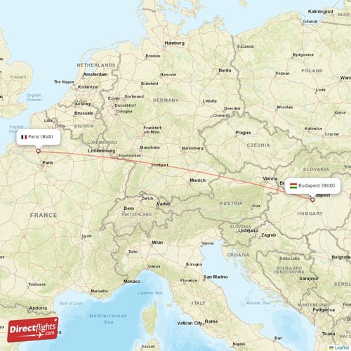 Budapest - Paris direct flight map