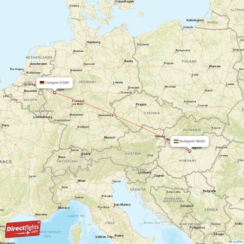 Budapest - Cologne direct flight map