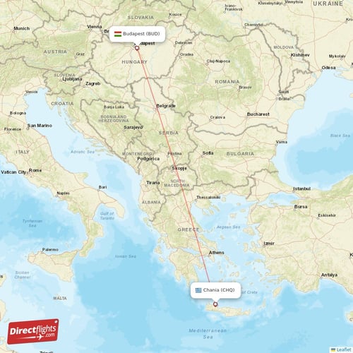 Budapest - Chania direct flight map