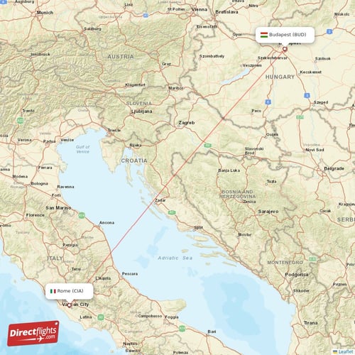 Budapest - Rome direct flight map