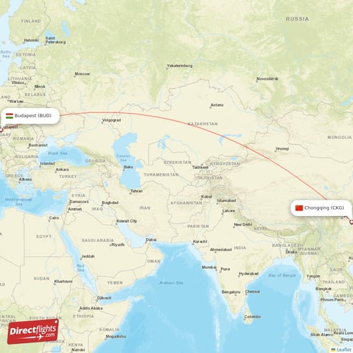 Budapest - Chongqing direct flight map