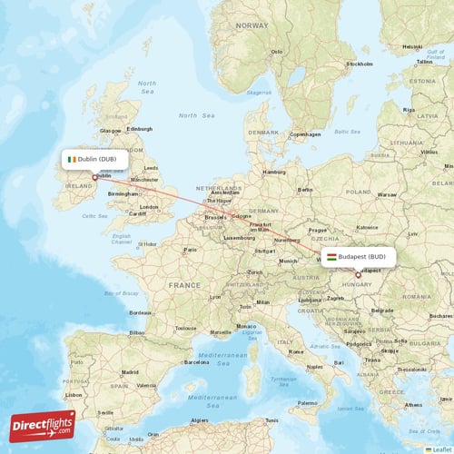 Budapest - Dublin direct flight map