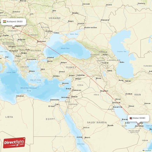 Budapest - Dubai direct flight map