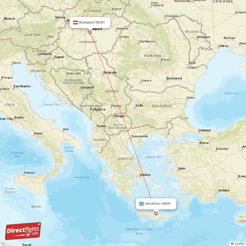 Budapest - Heraklion direct flight map