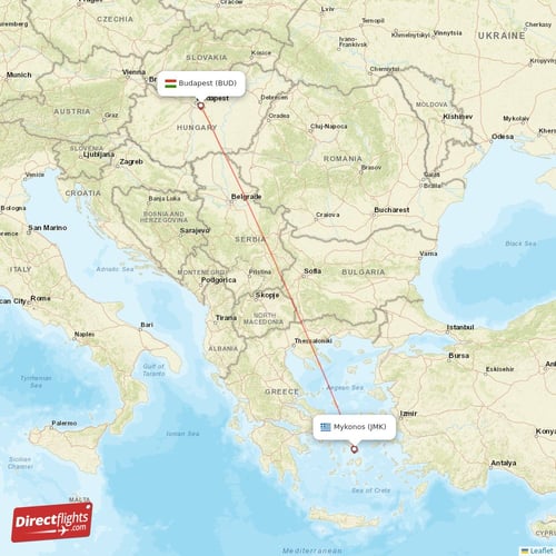Budapest - Mykonos direct flight map