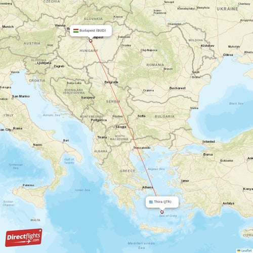 Budapest - Thira direct flight map