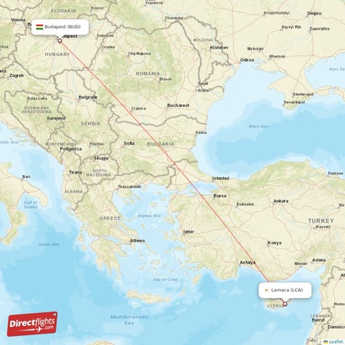Budapest - Larnaca direct flight map