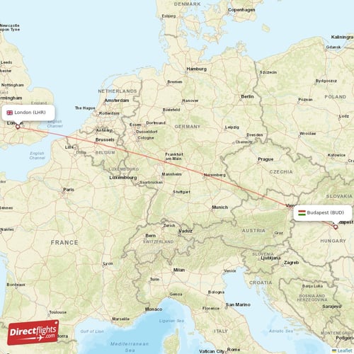 Budapest - London direct flight map
