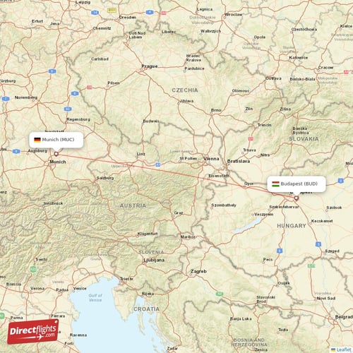 Budapest - Munich direct flight map