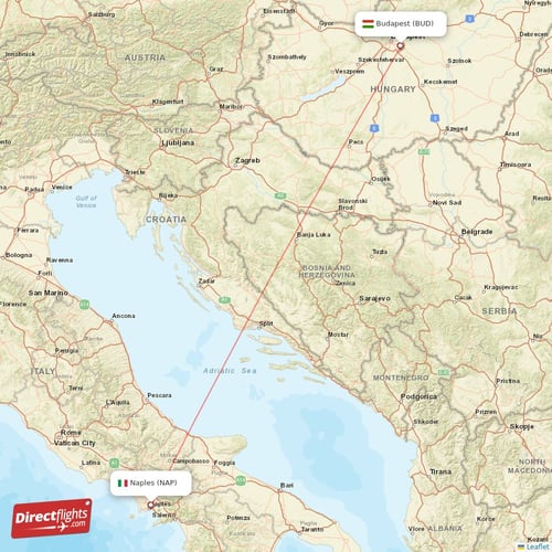 Budapest - Naples direct flight map