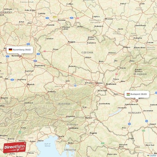 Budapest - Nuremberg direct flight map