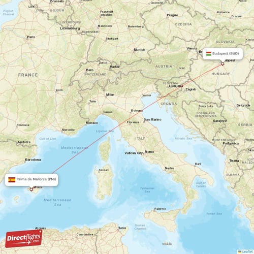 Budapest - Palma de Mallorca direct flight map