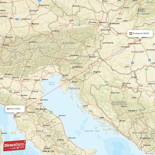 Budapest - Pisa direct flight map