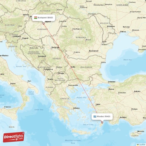 Budapest - Rhodes direct flight map