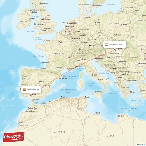 Budapest - Sevilla direct flight map
