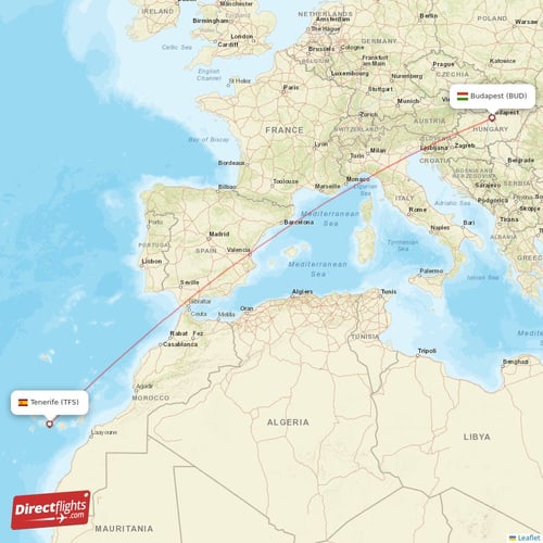 Budapest - Tenerife direct flight map