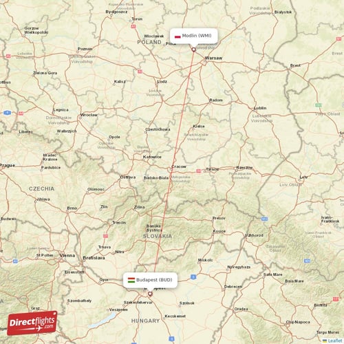 Budapest - Modlin direct flight map