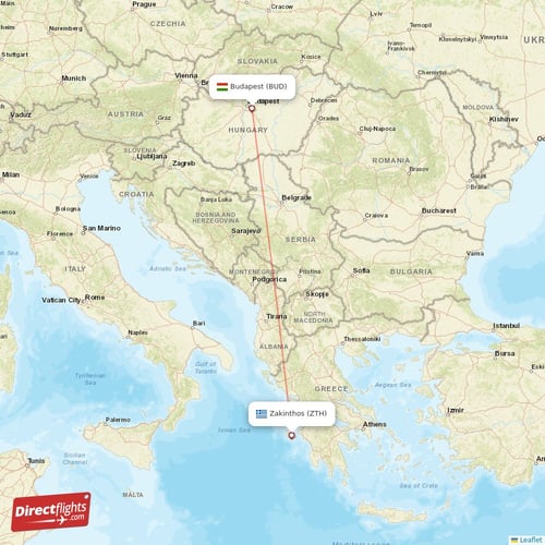 Budapest - Zakinthos direct flight map