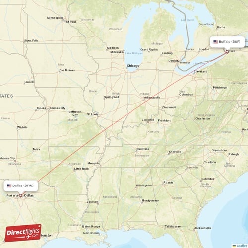 Buffalo - Dallas direct flight map
