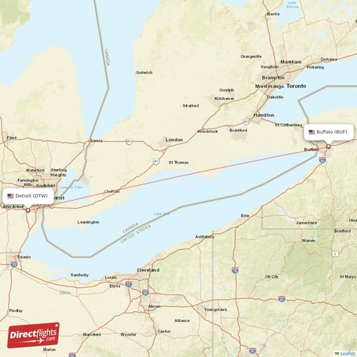 Buffalo - Detroit direct flight map