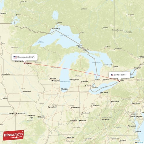 Buffalo - Minneapolis direct flight map