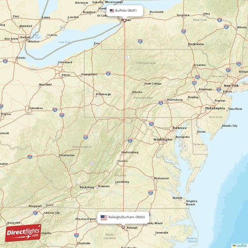 Buffalo - Raleigh/Durham direct flight map