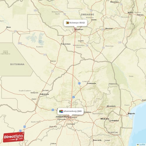 Bulawayo - Johannesburg direct flight map