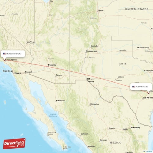 Burbank - Austin direct flight map