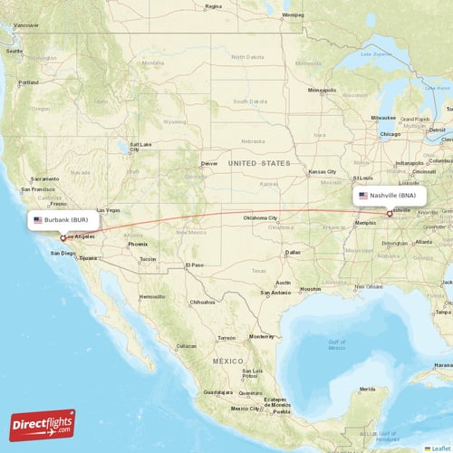 Burbank - Nashville direct flight map