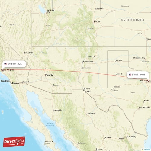 Burbank - Dallas direct flight map