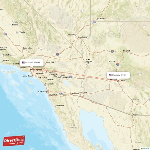 Burbank - Phoenix direct flight map